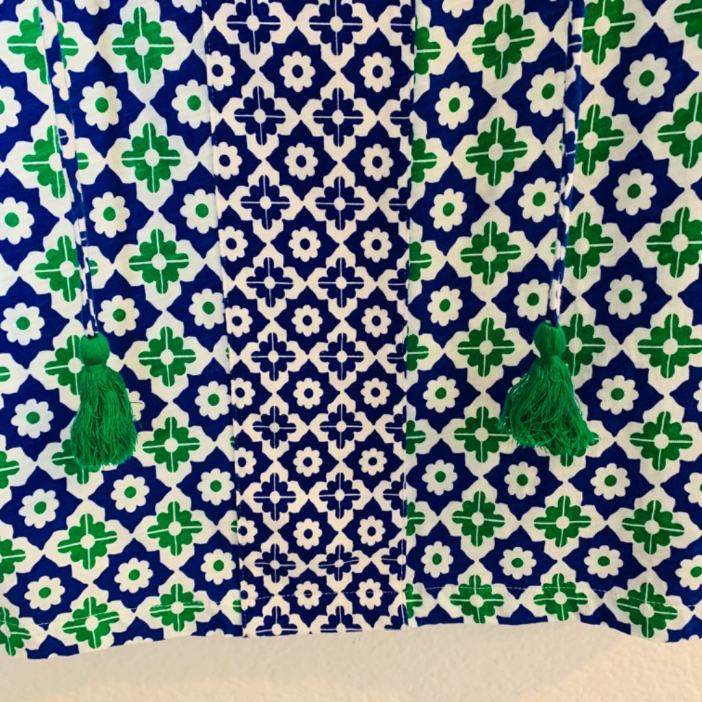 Boden Geometric Top US 12 Blue Green Tassel Tie Long Sleeve Preppy Casual Cotton - Picture 5 of 14